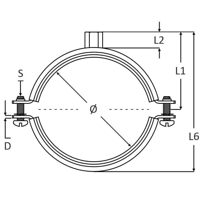Pijpbeugel RVS-304 met EPDM rubber inlage vooraanzicht